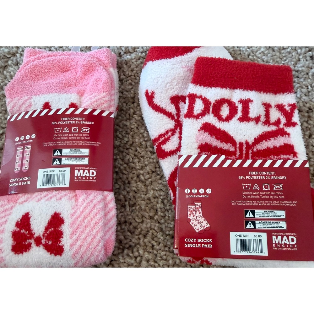 Dolly Parton Cozy Socks 2 Pair Set Pink Red Plaid Bow Fuzzy Holiday Crew Socks